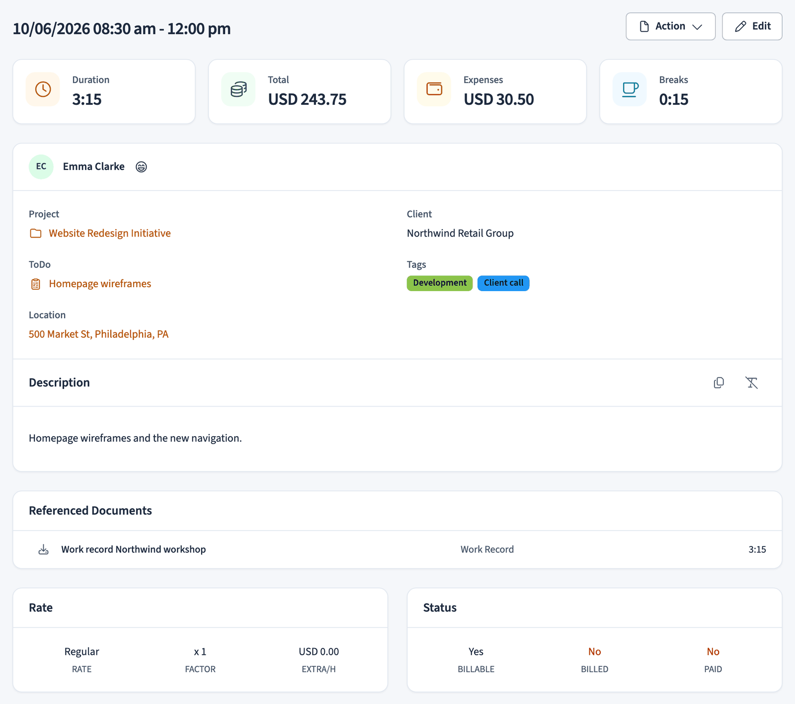 Task details view with summary cards, description, rate, and status