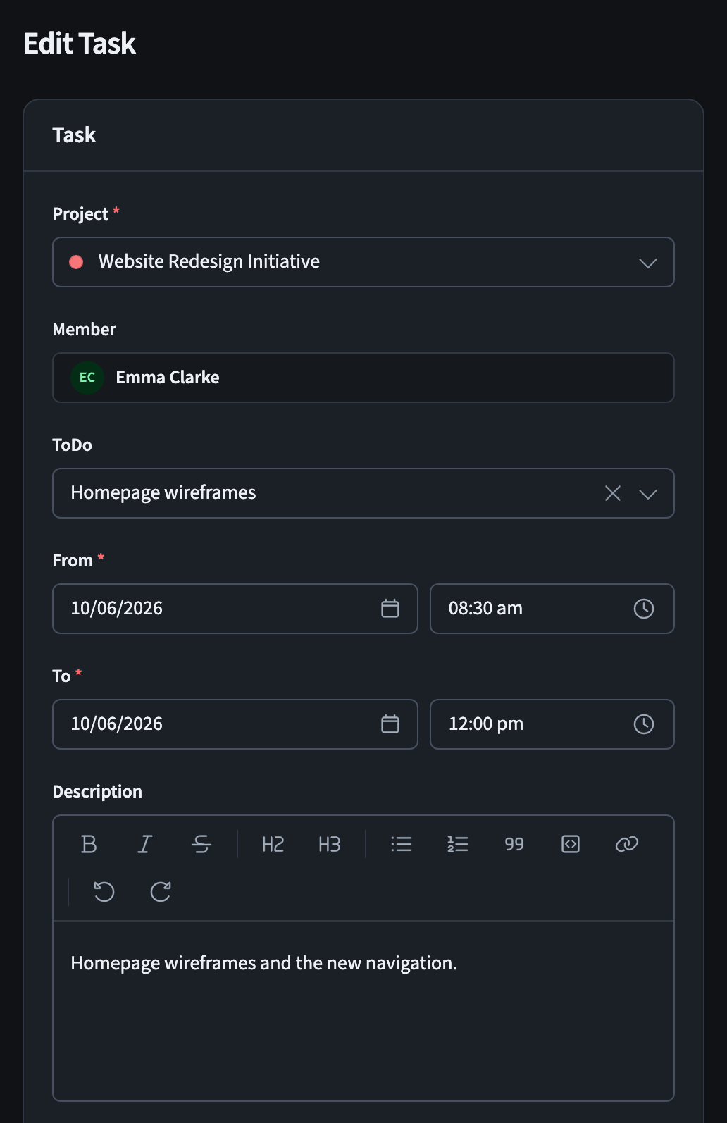 Task form, first part: project, member, ToDo, times, and description