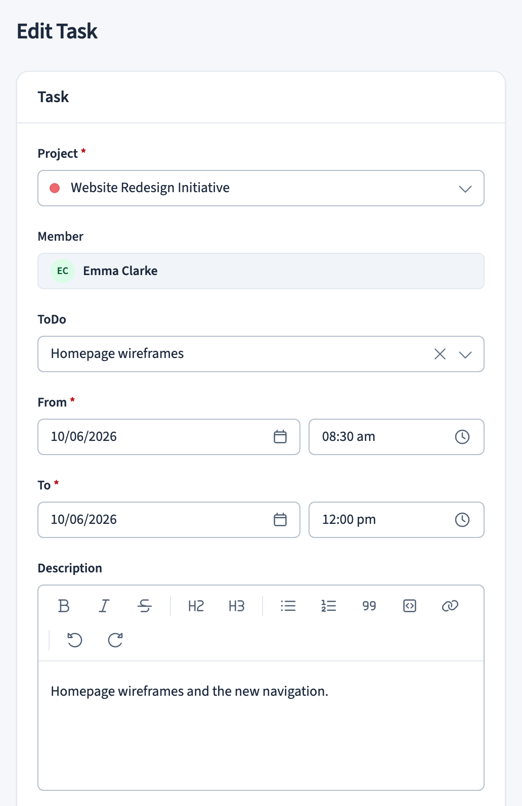 Task form, first part: project, member, ToDo, times, and description