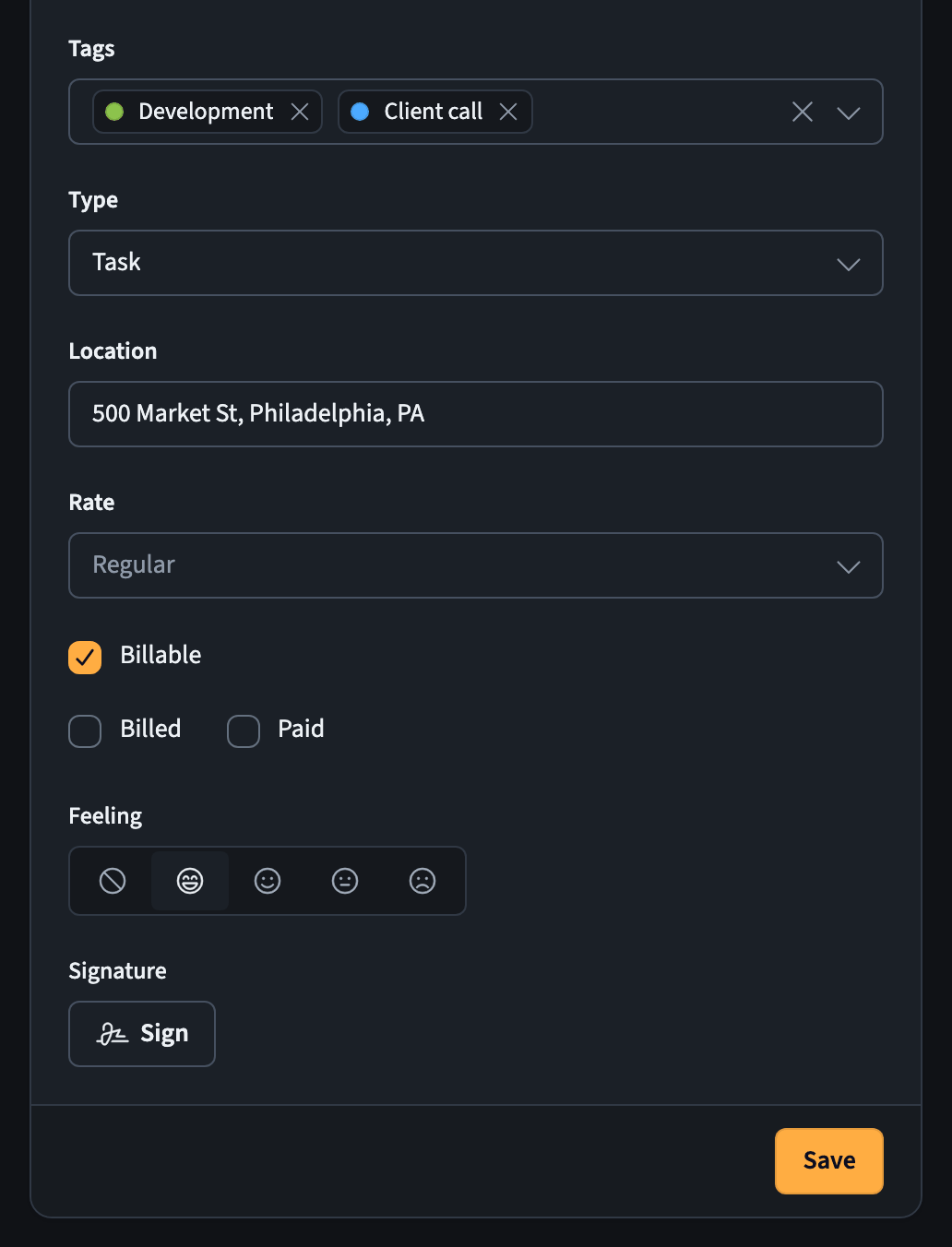 Task form, second part: tags, type, location, rate, status, feeling, and signature