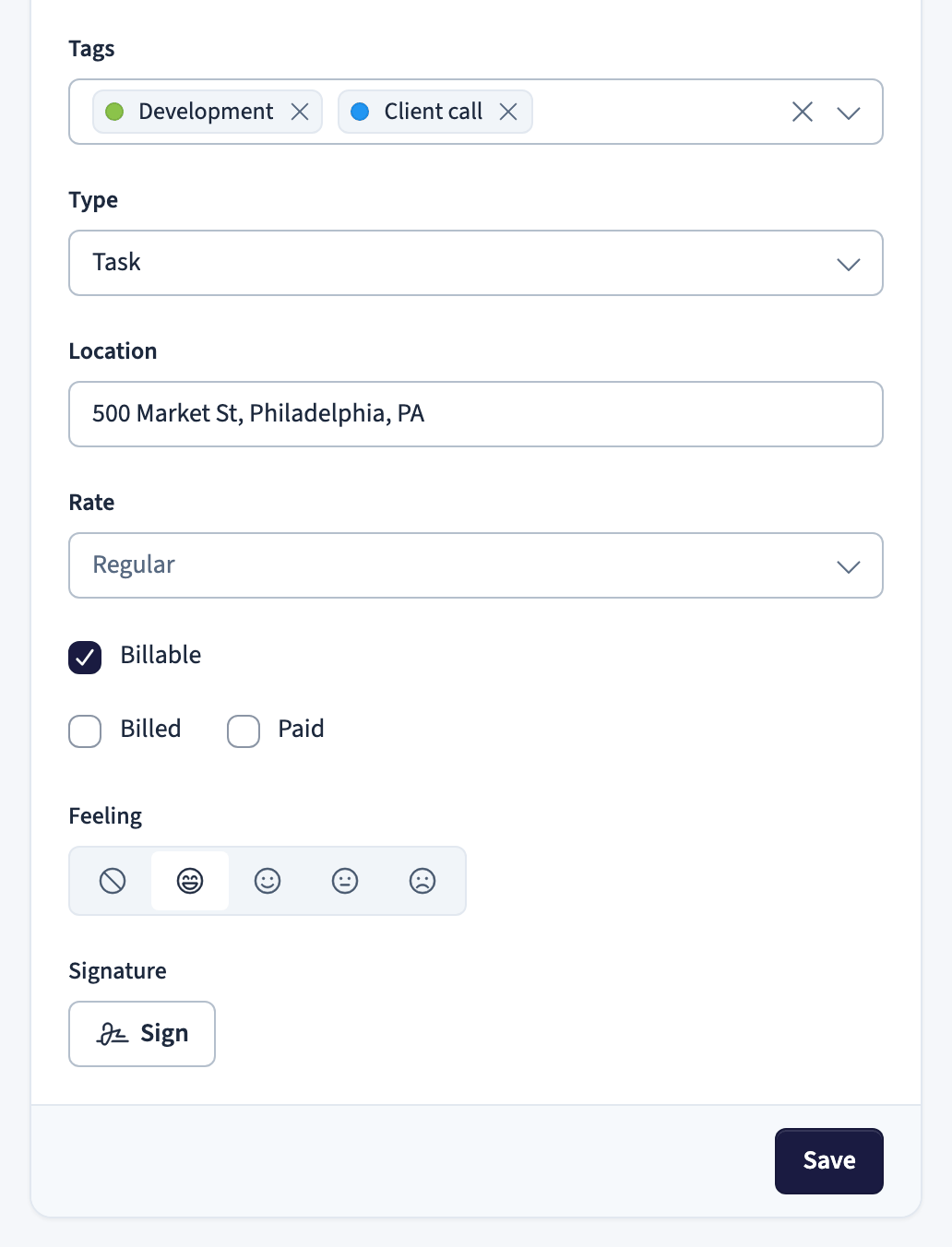 Task form, second part: tags, type, location, rate, status, feeling, and signature