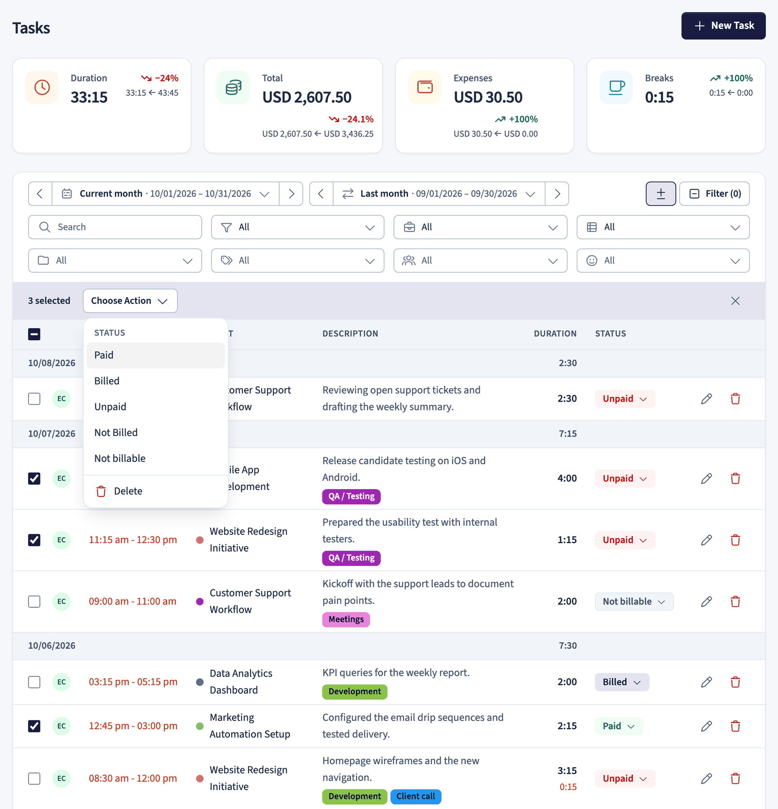 Task list filters, row selection, and bulk actions