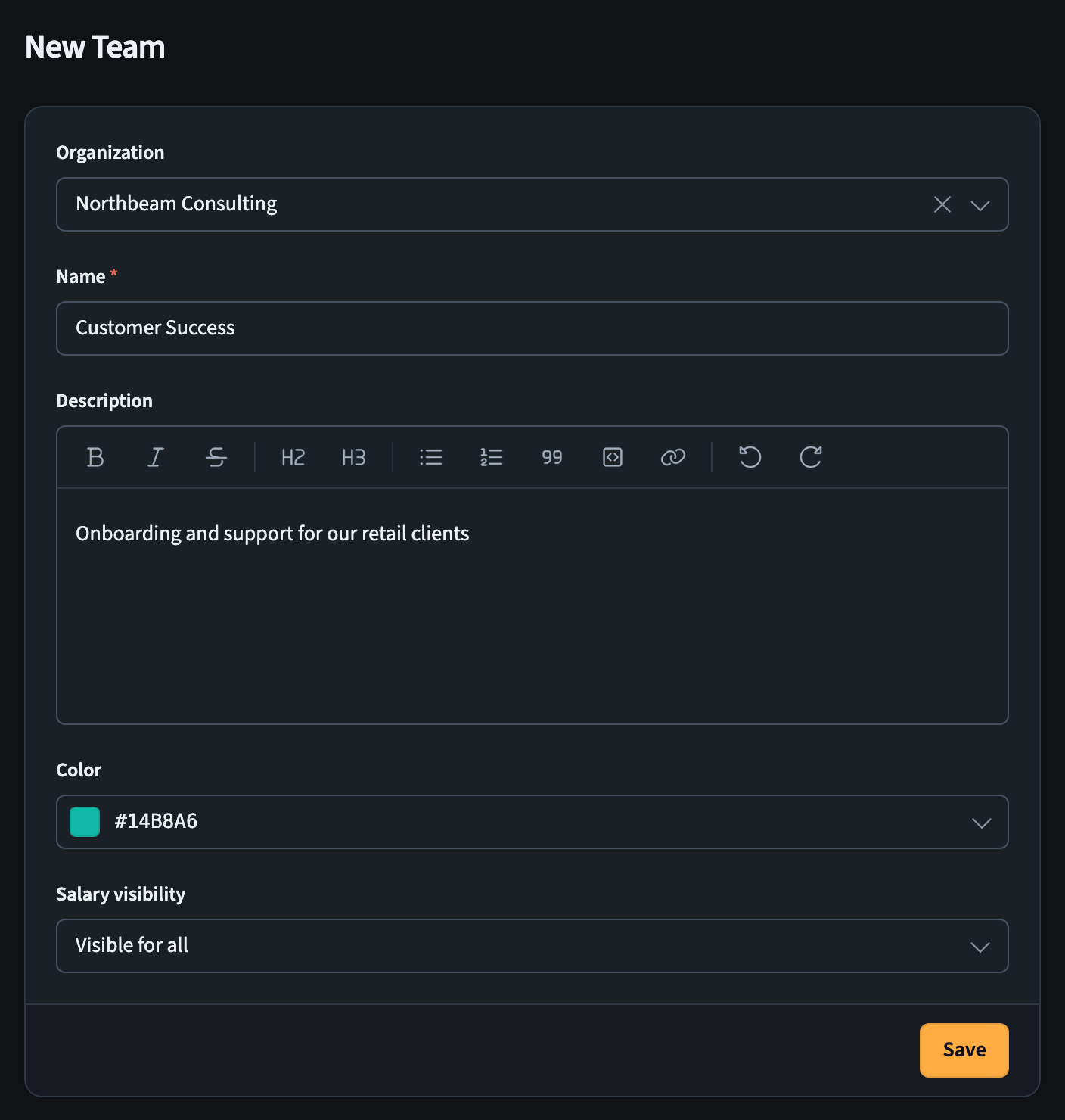 New Team form with organization, name, description, color, and salary visibility fields
