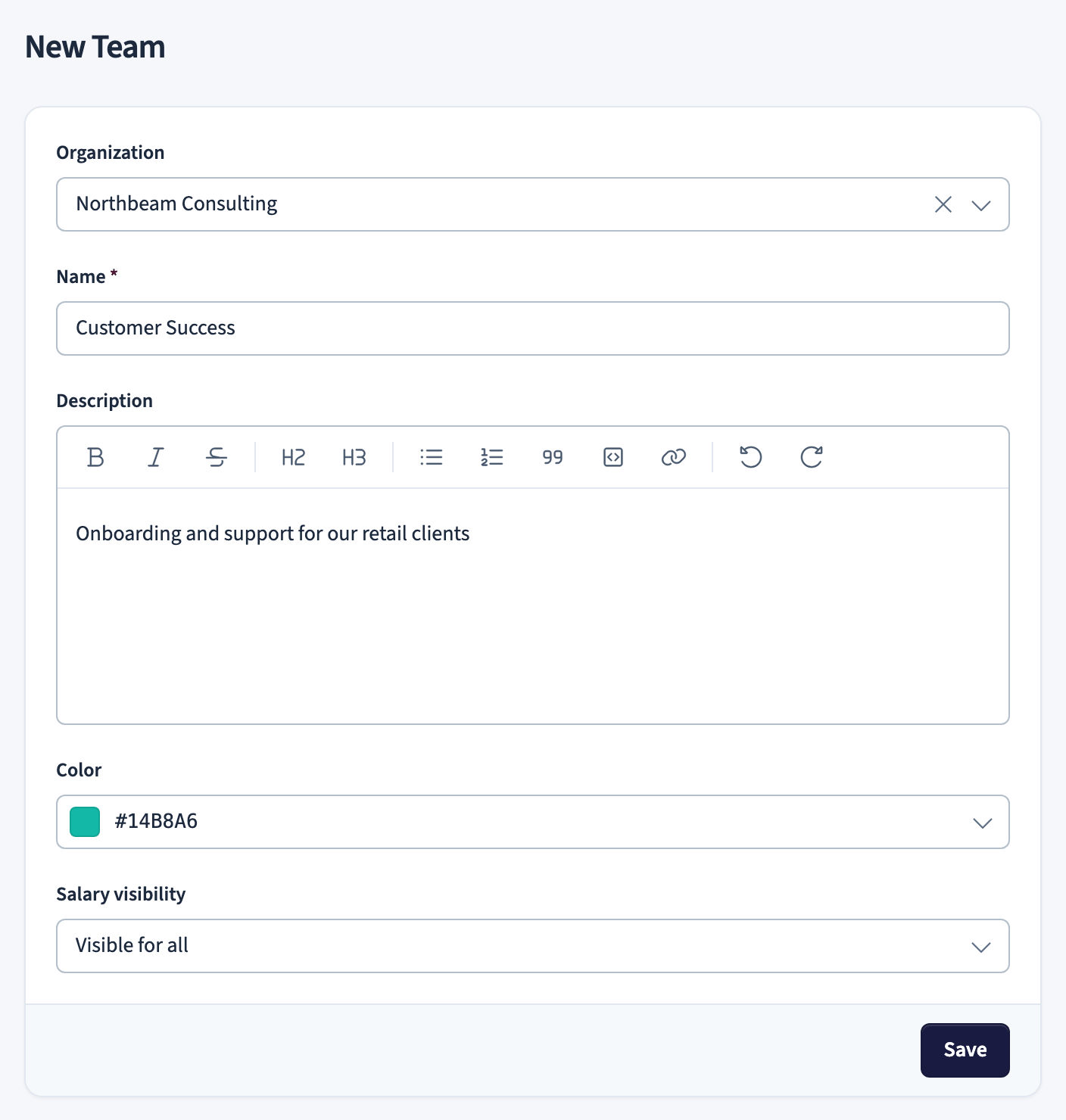 New Team form with organization, name, description, color, and salary visibility fields
