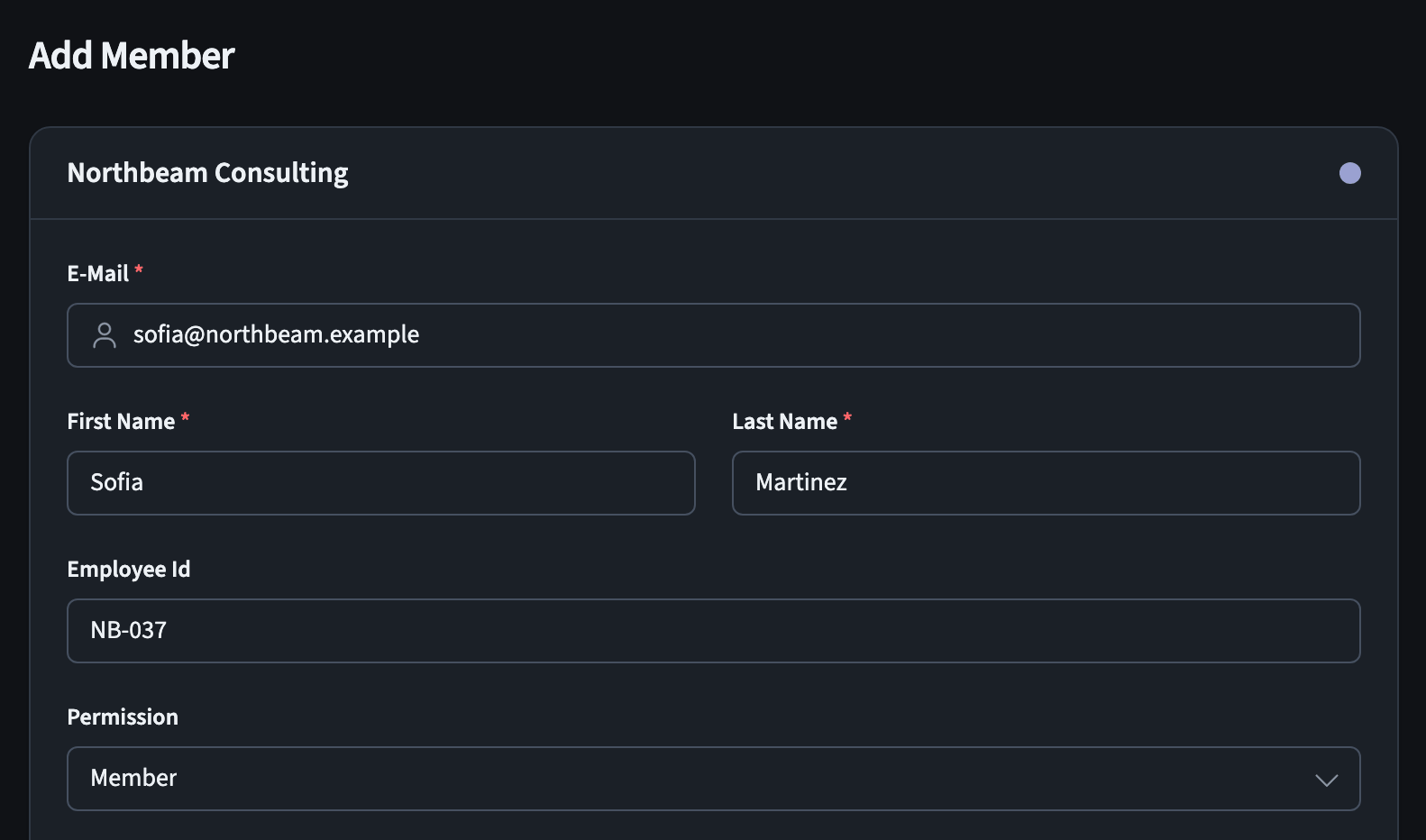 Add Member form with email, name, employee ID, and permission fields