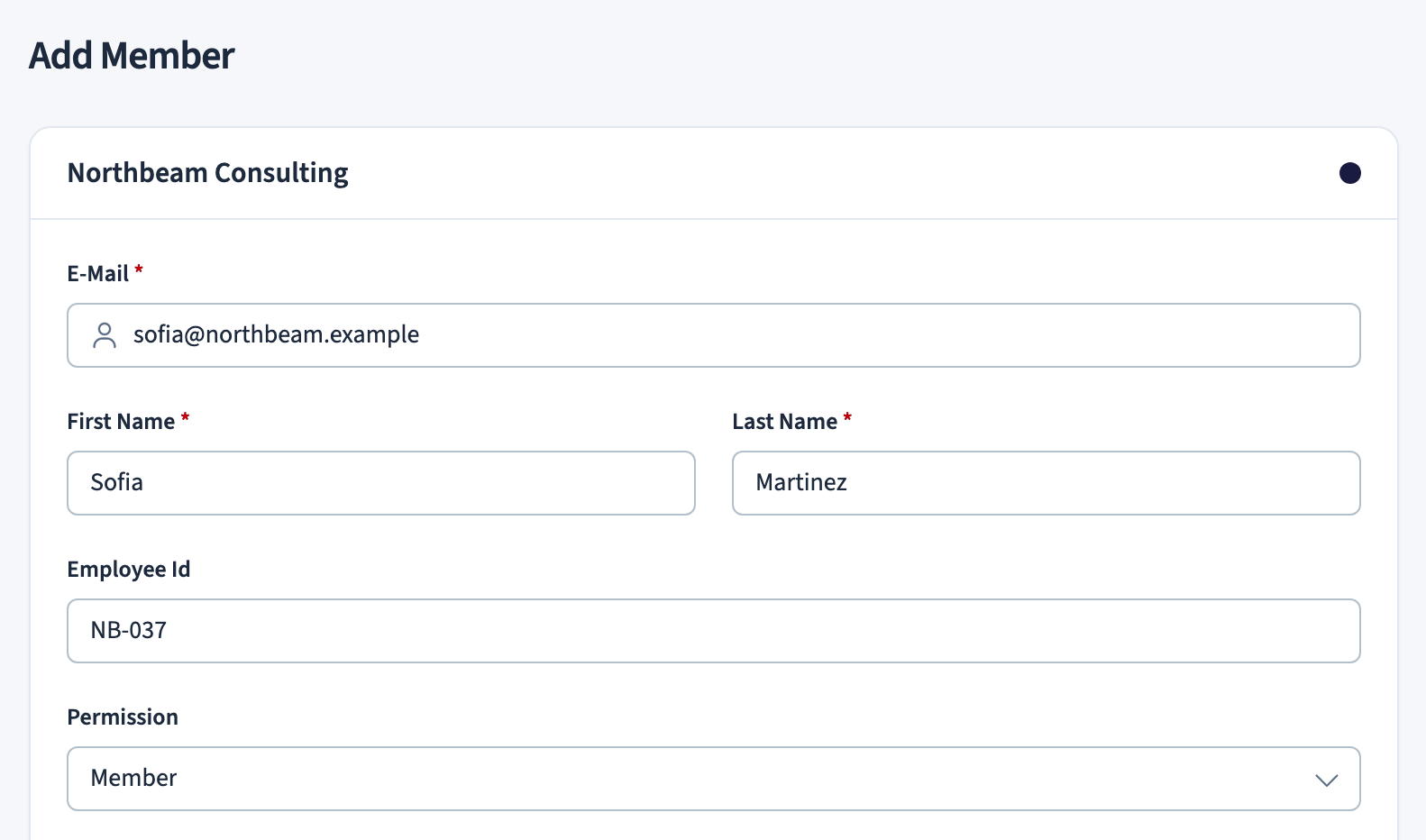 Add Member form with email, name, employee ID, and permission fields