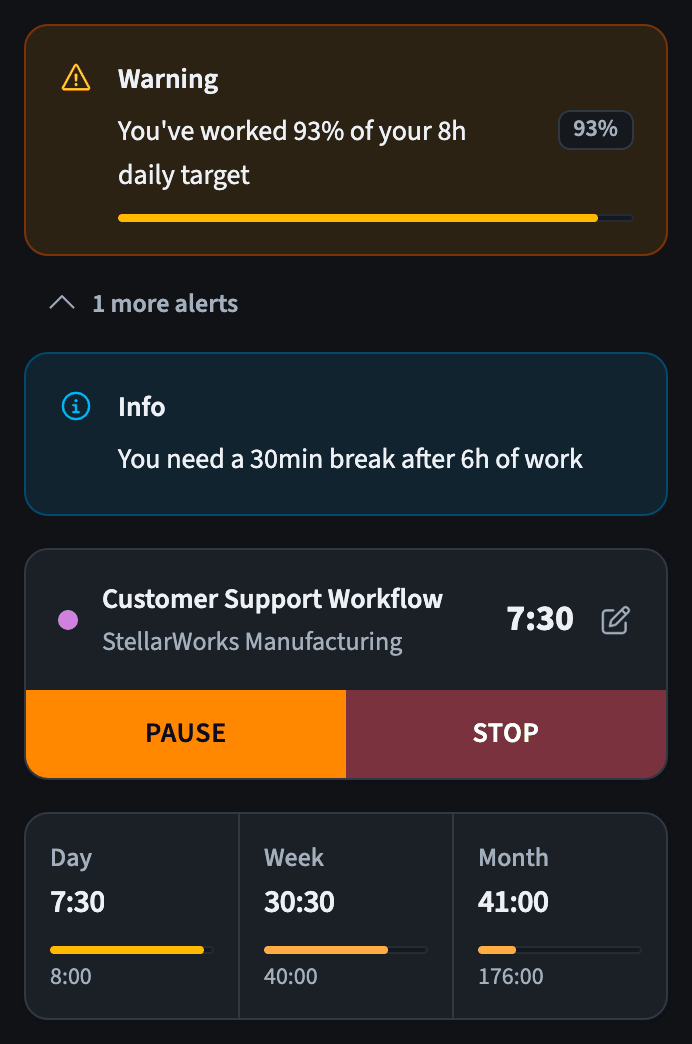 Working time warning and break reminder above the timer