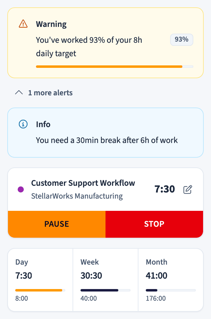 Working time warning and break reminder above the timer
