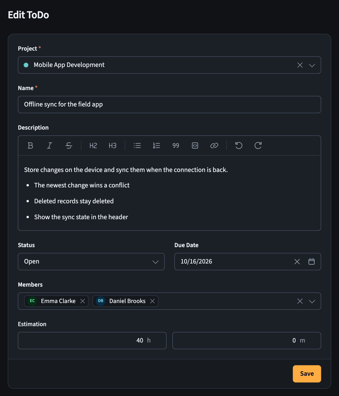 ToDo form with project, name, description, status, due date, members, and estimation fields