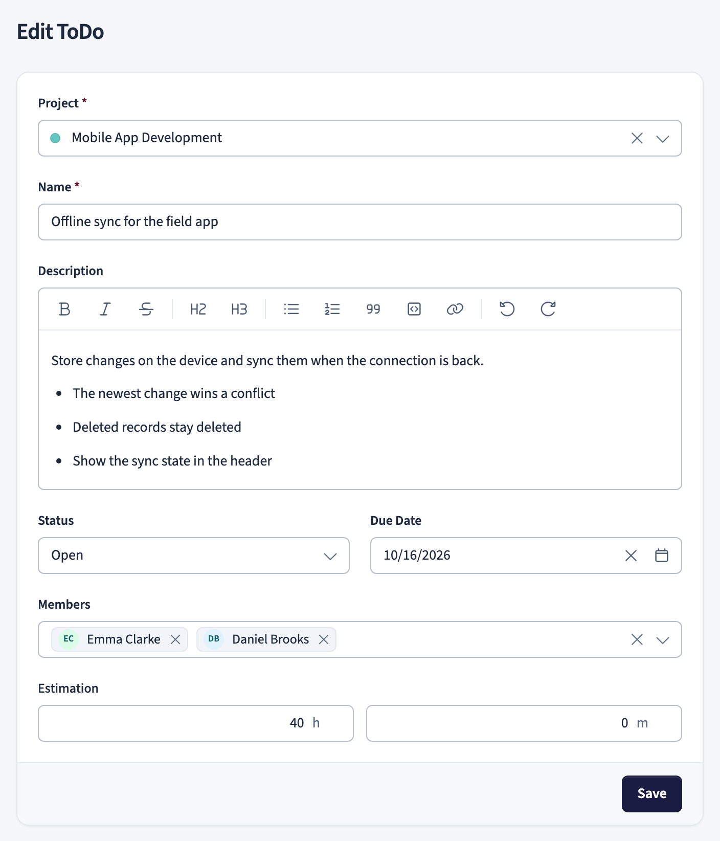 ToDo form with project, name, description, status, due date, members, and estimation fields