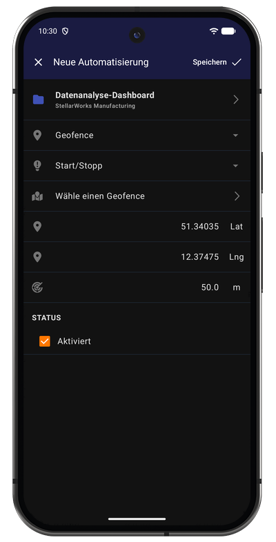 Formular für eine Geofence-Automatisierung in der Android-App mit Projekt, Radius und Aktion