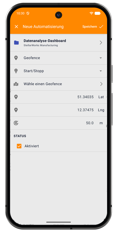 Formular für eine Geofence-Automatisierung in der Android-App mit Projekt, Radius und Aktion