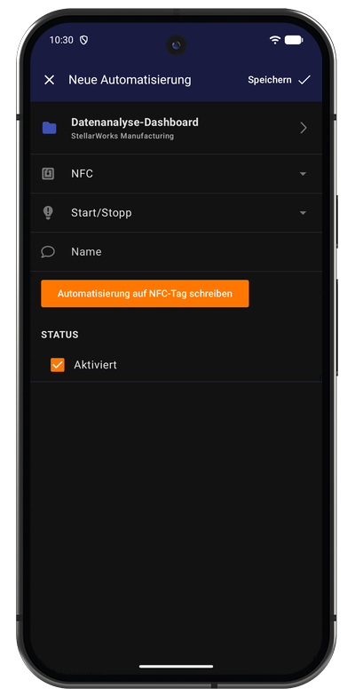 Formular für eine NFC-Automatisierung in der Android-App mit Tag, Projekt und Aktion