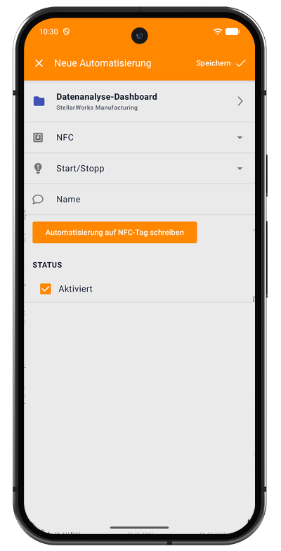 Formular für eine NFC-Automatisierung in der Android-App mit Tag, Projekt und Aktion