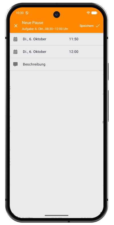 Formular zur Pausenerfassung in der Android-App mit Startzeit, Endzeit und Beschreibung