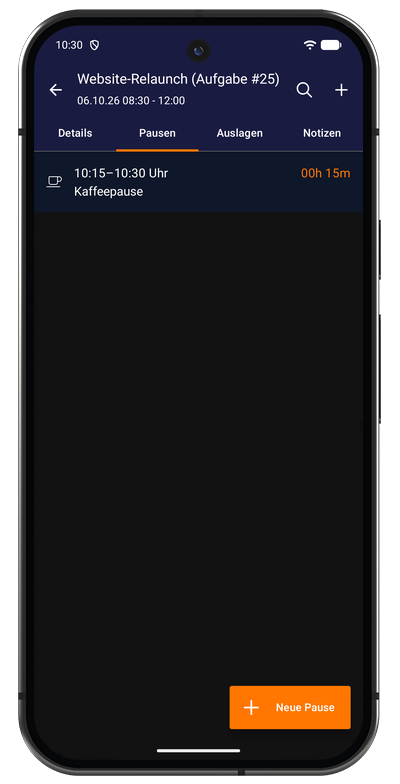 Pausenliste in der Android-App mit Startzeit und Dauer jeder erfassten Pause