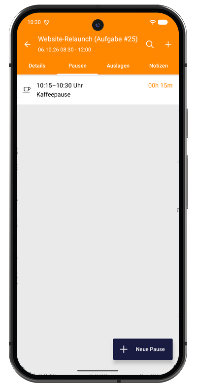 Pausenliste in der Android-App mit Startzeit und Dauer jeder erfassten Pause