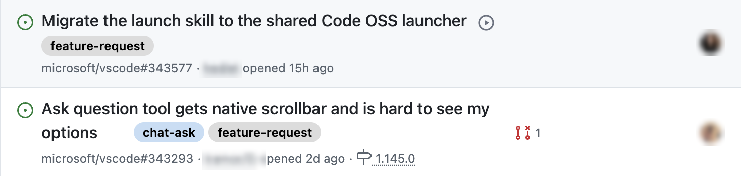 Eine GitHub-Issue-Liste mit dem Timer-Button neben dem Issue unter der Maus