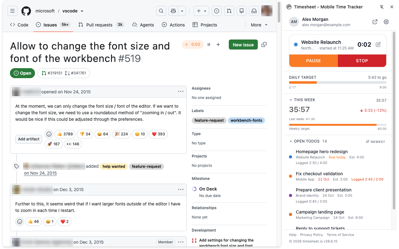 Der Seitenbereich mit laufendem Timer neben einem GitHub-Issue mit Timer-Button