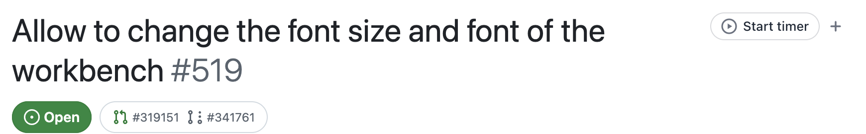 Ein GitHub-Issue mit dem Button Timer starten neben dem Titel