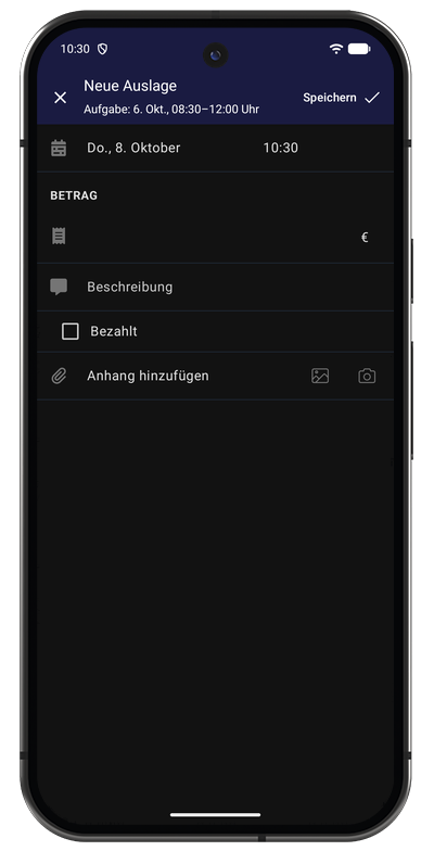 Formular zur Auslagenerfassung in der Android-App mit Beschreibung, Betrag und Beleg