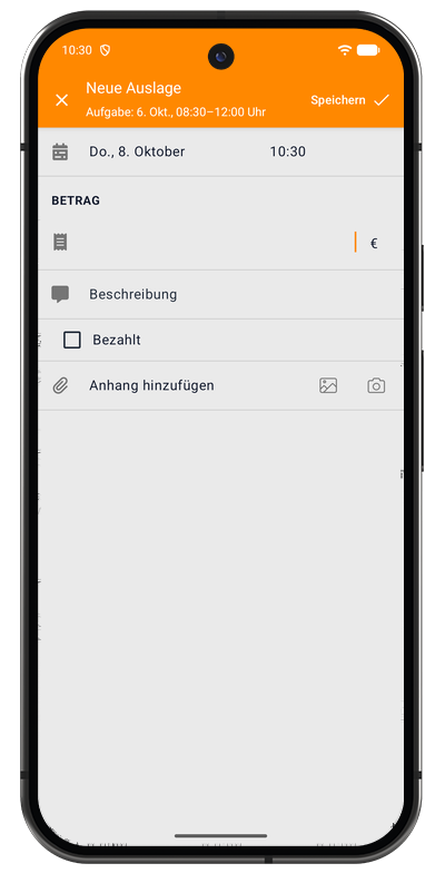 Formular zur Auslagenerfassung in der Android-App mit Beschreibung, Betrag und Beleg