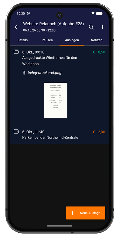 Auslagenliste in der Android-App mit den erfassten Beträgen und Belegen