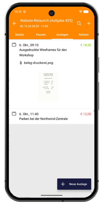Auslagenliste in der Android-App mit den erfassten Beträgen und Belegen