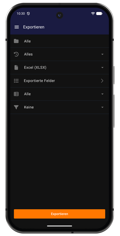 Export-Ansicht in der Android-App mit Projektfilter, Zeitraum und Formatauswahl
