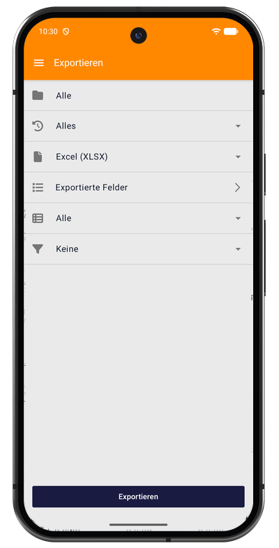 Export-Ansicht in der Android-App mit Projektfilter, Zeitraum und Formatauswahl