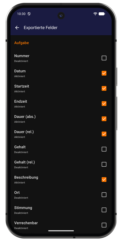 Feldauswahl für den Export in der Android-App mit einem Schalter je Spalte