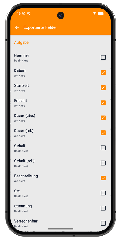 Feldauswahl für den Export in der Android-App mit einem Schalter je Spalte