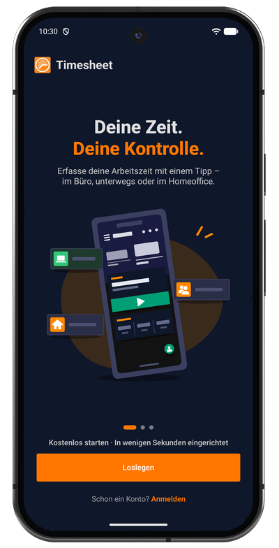 Begrüßungsbildschirm der Android-App mit der Schaltfläche Loslegen und einem Link zur Anmeldung