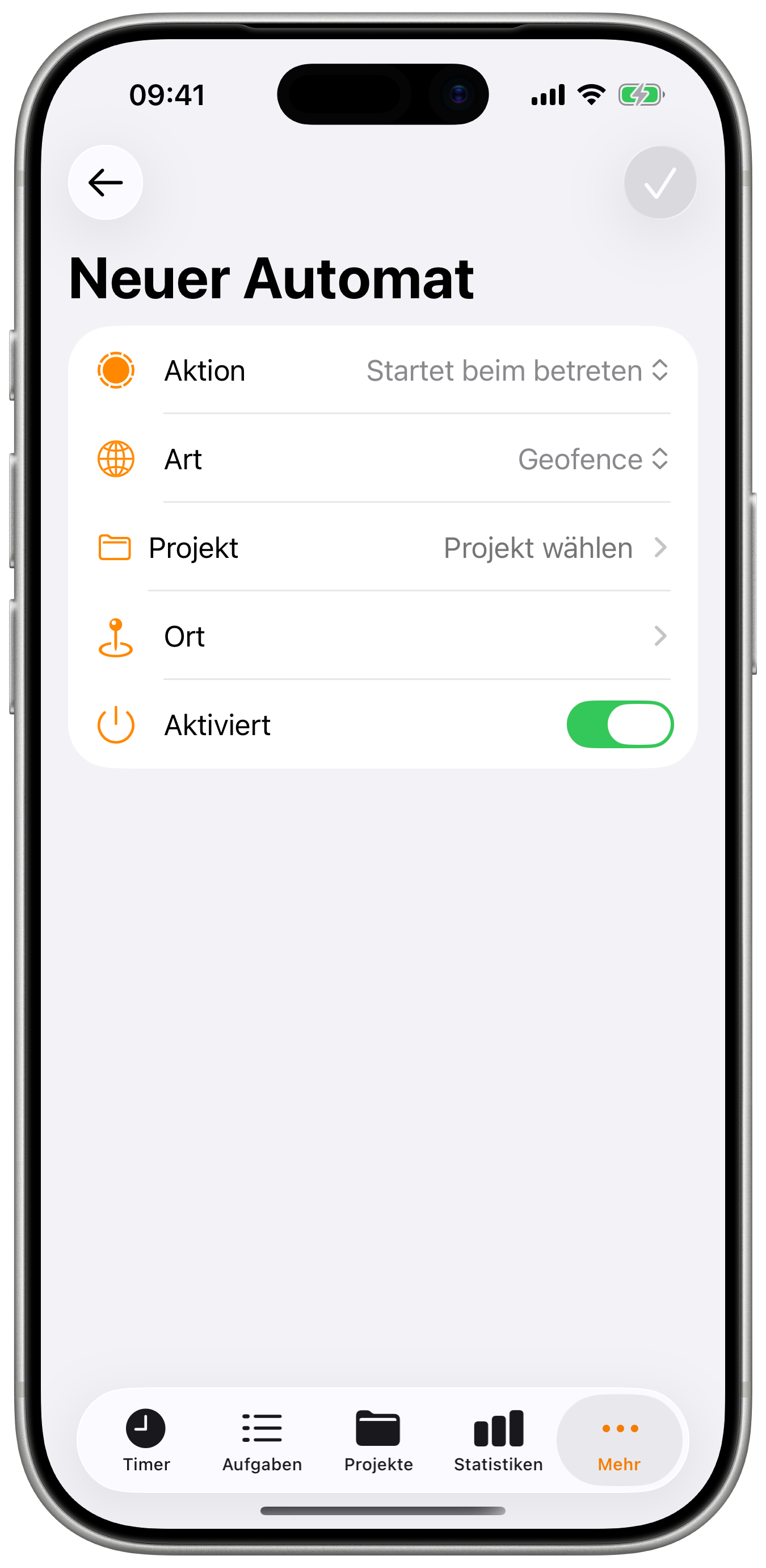 Formular zum Erstellen einer Automatisierung mit Auswahl von Typ, Projekt, Standort und Radius.