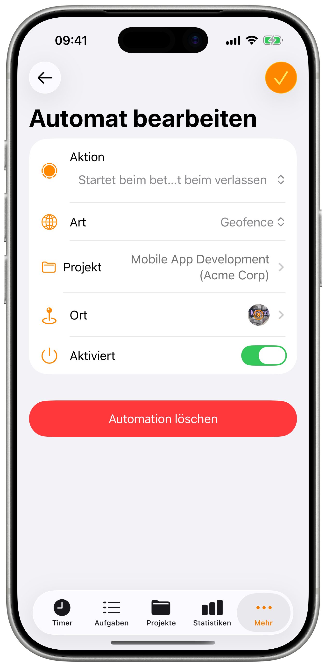 Detailansicht der Automatisierung mit Projekt, Auslöser-Optionen und Aktiviert-Schalter.