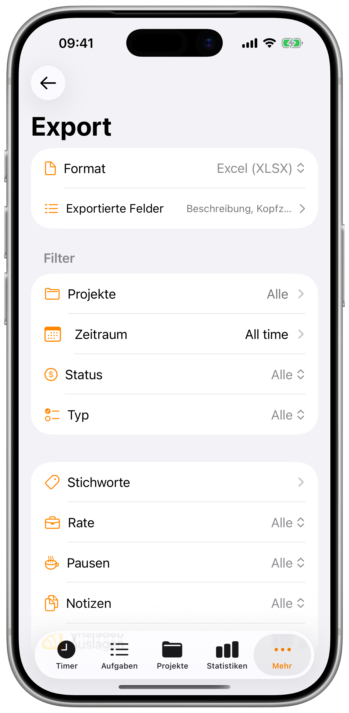 Export-Bildschirm mit Auswahl von Zeitraum, Projekt und Format.