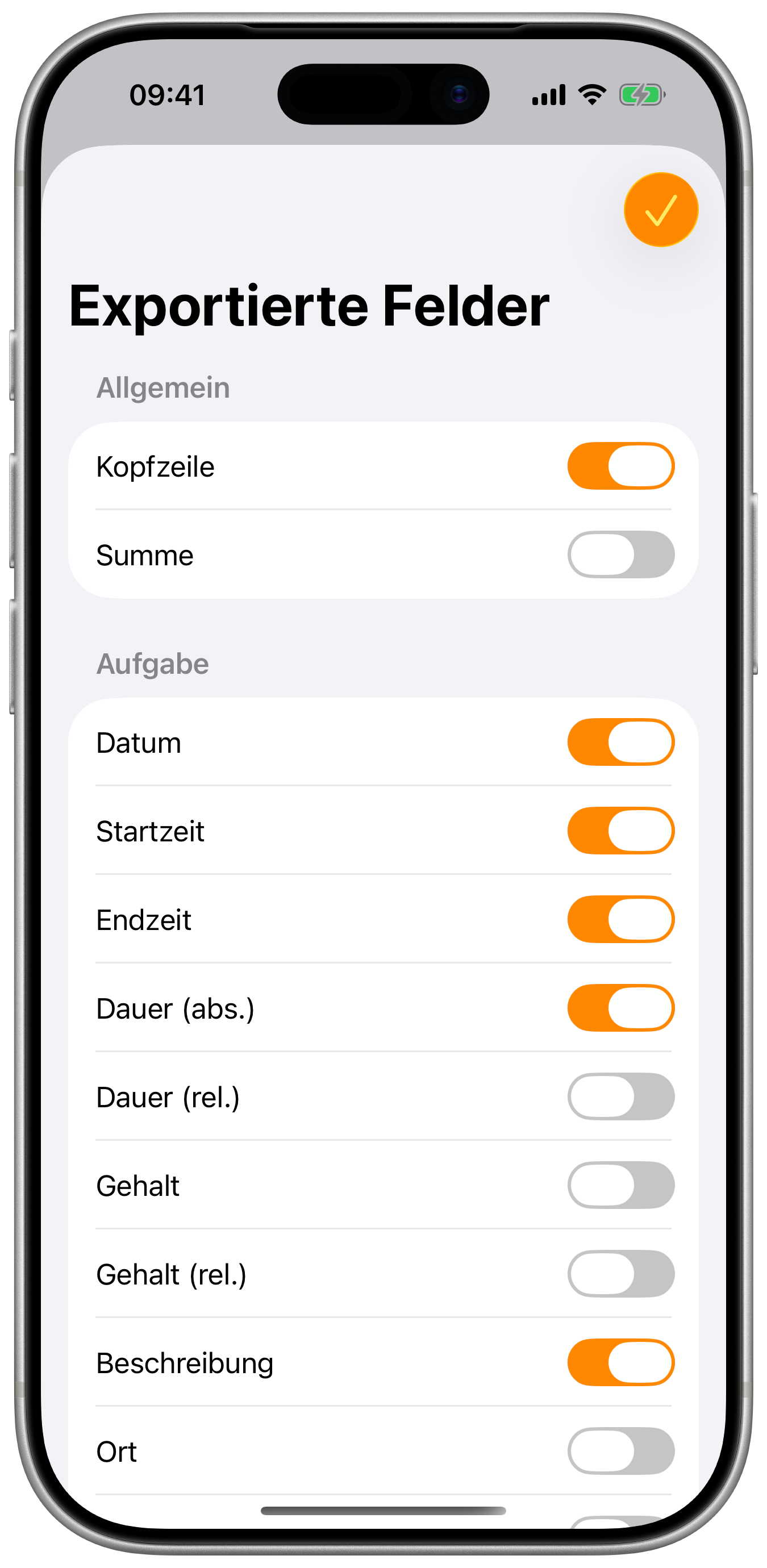 Exportfeld-Auswahl mit Schaltern für jede Spalte.