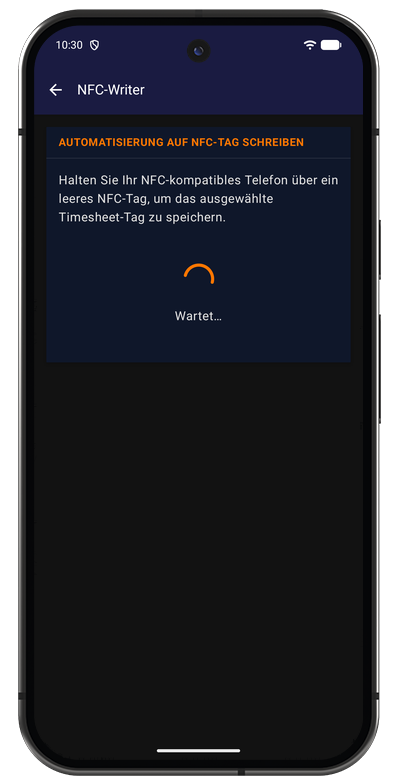 NFC-Writer in der Android-App wartet darauf, dass ein Tag an das Telefon gehalten wird