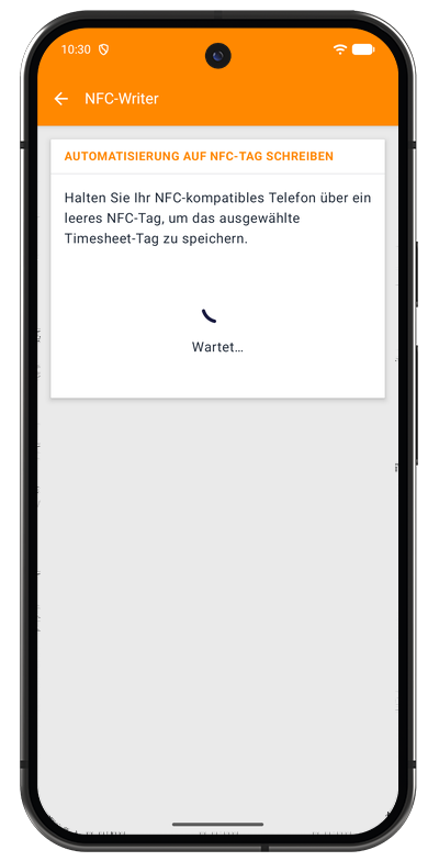 NFC-Writer in der Android-App wartet darauf, dass ein Tag an das Telefon gehalten wird