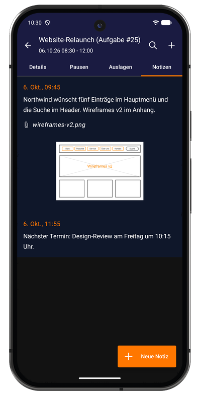 Notizliste in der Android-App mit den Notizen zu einer erfassten Aufgabe