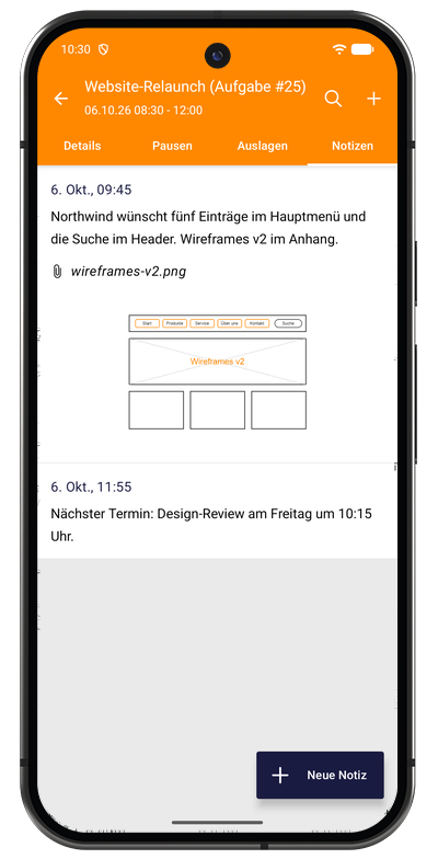 Notizliste in der Android-App mit den Notizen zu einer erfassten Aufgabe