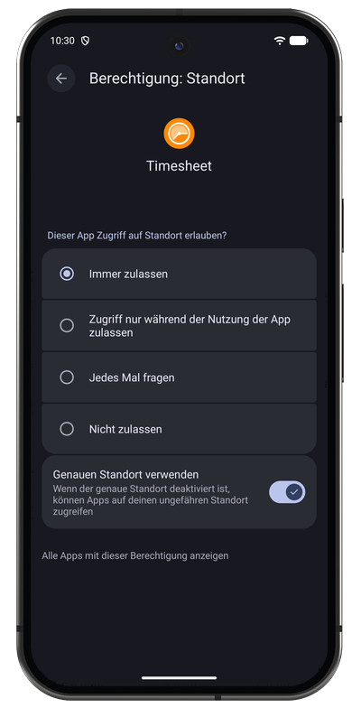 Android-Abfrage der Standortberechtigung für die Zeiterfassung per Geofence