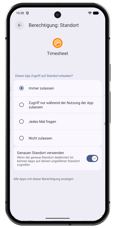 Android-Abfrage der Standortberechtigung für die Zeiterfassung per Geofence