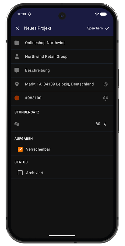 Formular für ein neues Projekt in der Android-App mit Name, Farbe, Rate und Team