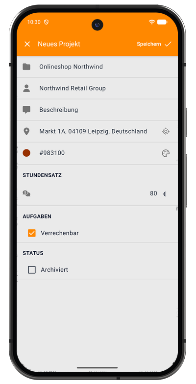 Formular für ein neues Projekt in der Android-App mit Name, Farbe, Rate und Team