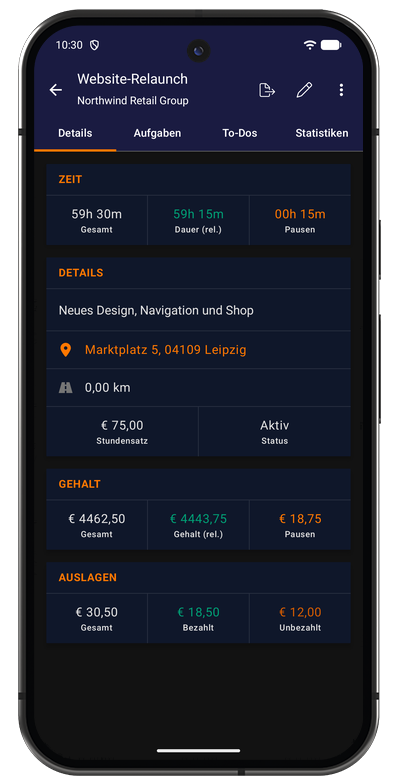 Projektdetails in der Android-App mit den Tabs Details, Aufgaben, To-Dos und Statistiken