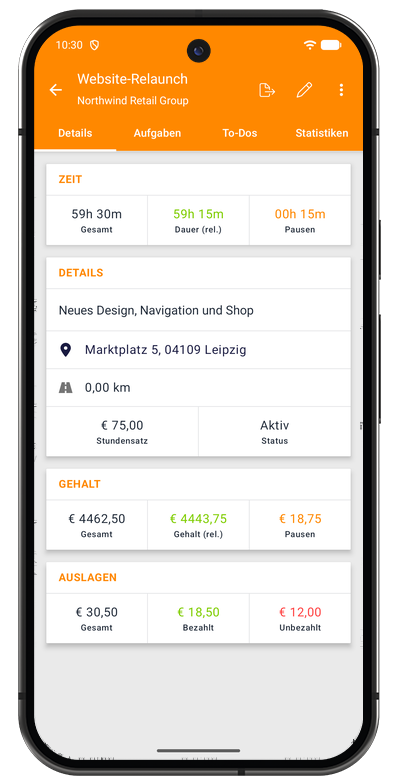 Projektdetails in der Android-App mit den Tabs Details, Aufgaben, To-Dos und Statistiken