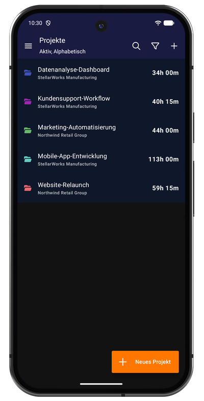 Projektliste in der Android-App mit Farben und erfassten Gesamtzeiten