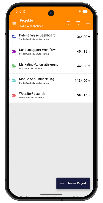 Projektliste in der Android-App mit Farben und erfassten Gesamtzeiten