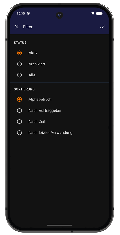 Filter- und Sortieroptionen der Projektliste in der Android-App